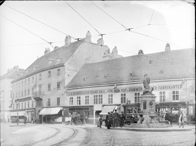 Wien 5, Margaretenplatz 2/3. Aufnahme mit Margarethenbrunnen. Staffage. 1904. © Bildarchiv Austria / Österreichische Nationalbibliothek